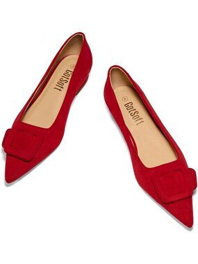 Women's Red Rubber Pointed Toe Square Buckle Flats Slip On Comfortable Shoes